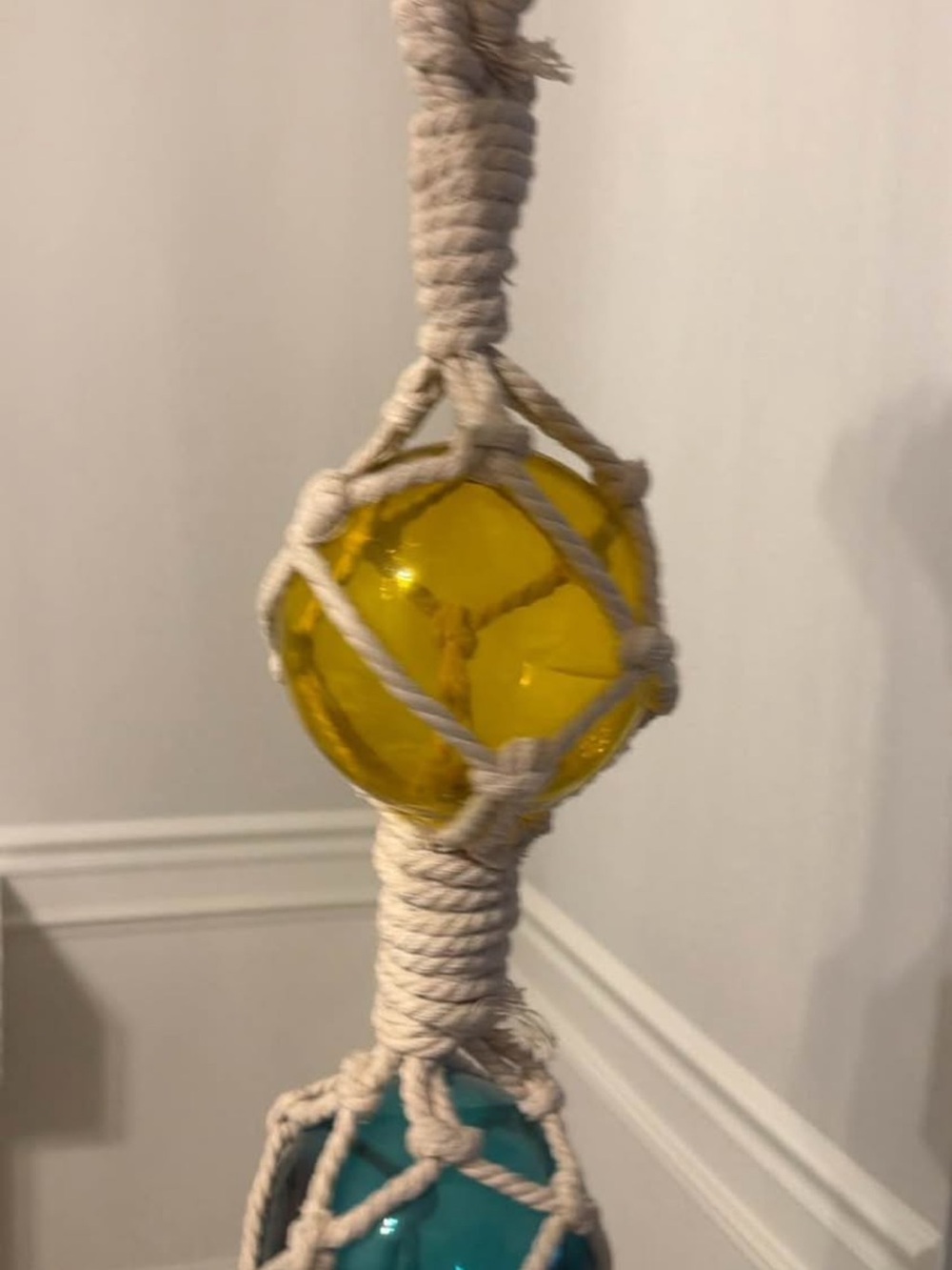 Handcrafted Macramé Hanging Glass Ball Decor - Yellow and blue blown glass orbs